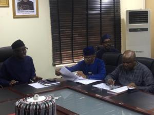 Hon. Minister of Industry, Trade and Investment, Otunba Niyi Adebayo, ES NSDC, Dr. Latif D. Busari and Director, Industrial Development Department, Mr. Adewale Bakare at the NSMP Ministerial Strategy Meeting with major sugar operators in Abuja.